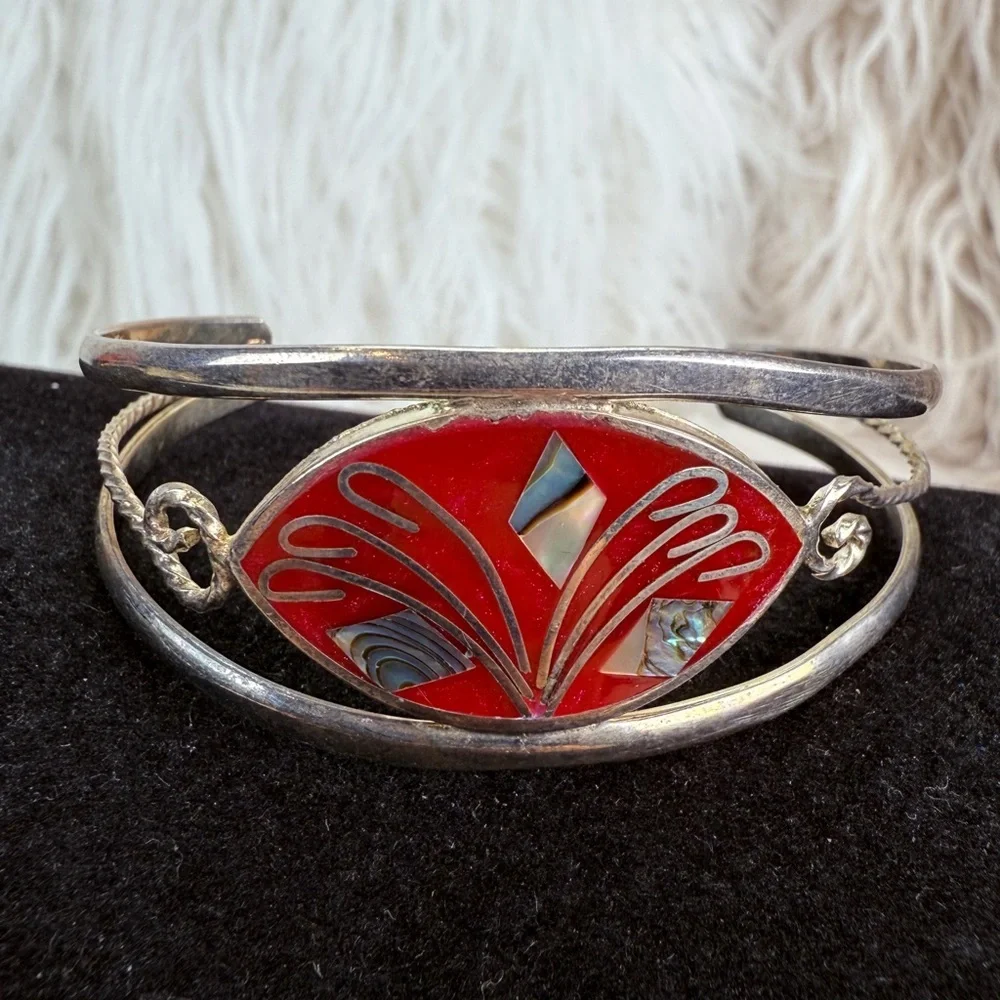 Beautiful silver signed Alpaca Mexico costume cuff, vintage bracelet